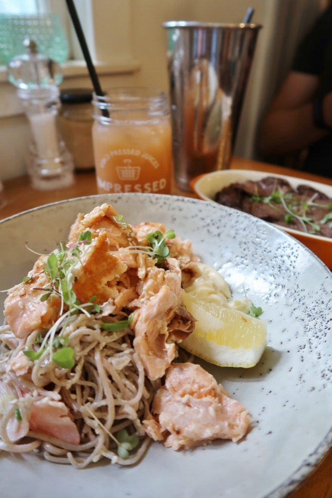 Miso salmon with soba noodles, seared beef, milkshake and cold-pressed juice at Bumbles Cafe