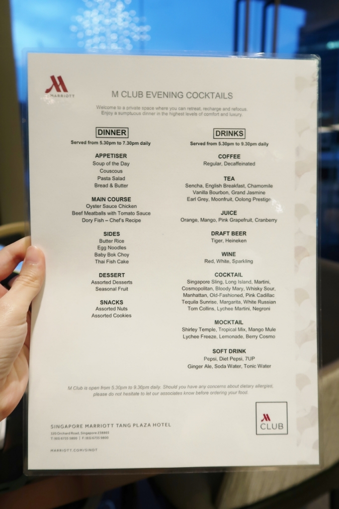 Evening cocktails menu at M Club lounge at Marriott Tang Plaza Hotel