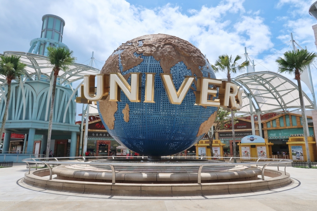 The iconic Universal Studios spinning globe at the entrance of Universal Studios Singapore
