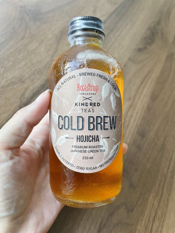 A bottle of Bootstrap Beverages hojicha cold brew tea